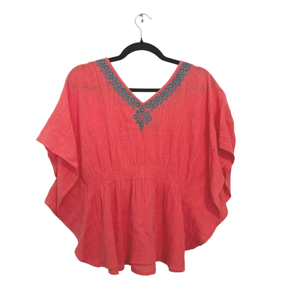 Y2K Embroidered V-Neck Boho Chic Batwing Sleeve Pullover Blouse Coral Color Sz M